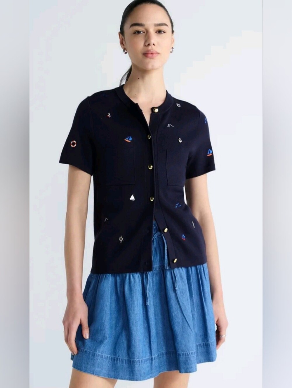 Free Assembly Women’s Embroidered Short Sleeve Cardigan Sweater Navy NWT